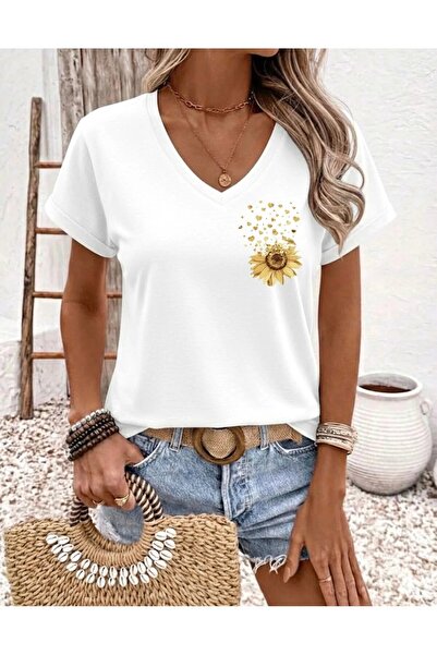 yombaa Printed T-Shirt. Short Sleeve V-Neck Summer & Spring Casual Top, Women...