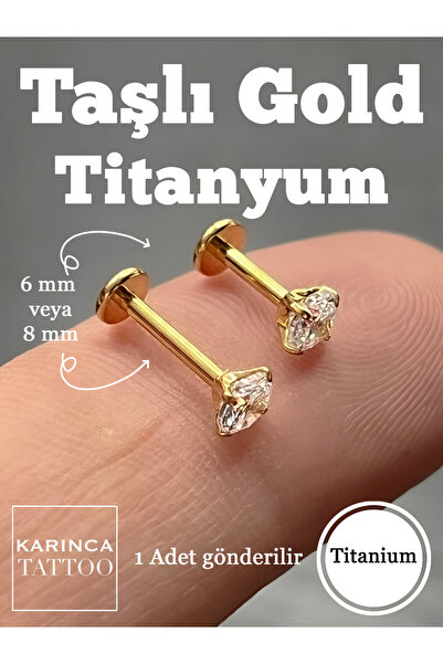 Karınca Piercing Taşlı Gold Titanyum Piercing Altın Rengi Kulak Helix Flat Co...