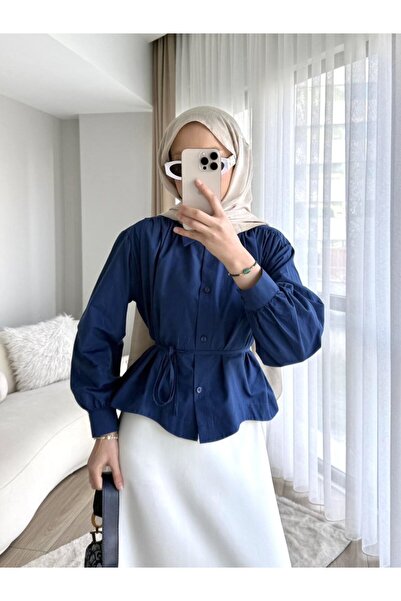 RFK Butik Kadın Omuzu Pileli Etek Üstü Oversize Kısa Gömlek - Lacivert