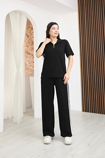 02Lady Fashion Half Zippered Striped Detail Modal Fabric Tracksuit Set