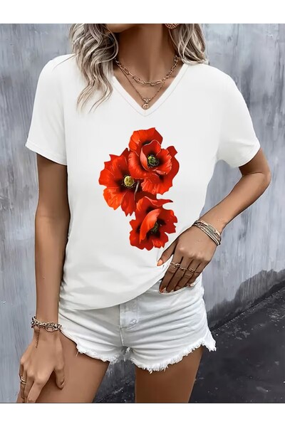 yombaa Printed T-Shirt. Short Sleeve V-Neck Summer & Spring Casual Top, Women...