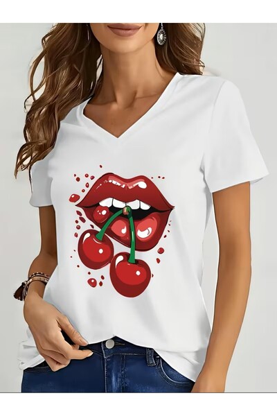 yombaa Printed T-Shirt. Short Sleeve V-Neck Summer & Spring Casual Top, Women...