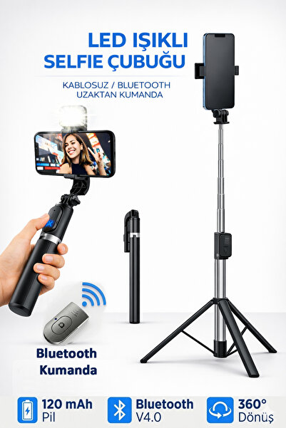 Tech&bello accessories Led Işılklı Selfie Çubuğu Tripot Bluetooth Kumandalı K...