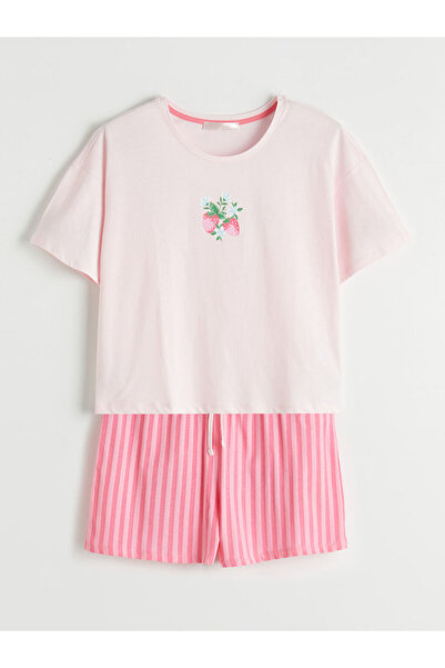 LC Waikiki Ροζ σετ πιτζάμες με στάμπα και γυναικείο σορτς