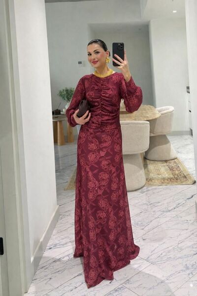 ALVOR Floral Print Ruched Detail Long Sleeve Maxi Dress