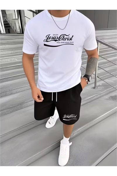 puolikuu Men's Oversized Tracksuit with Shorts - Jesus Printed T-Shirt - Shorts