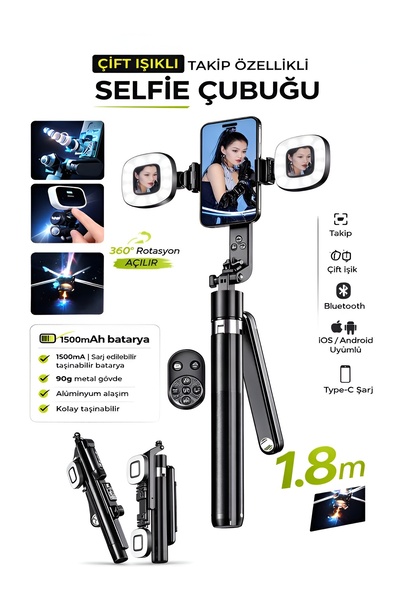 DEANB 1500 mAh LED Işıklı 180 cm Takip Özellikli Gimbal Tripod Selfie Çubuğu ...