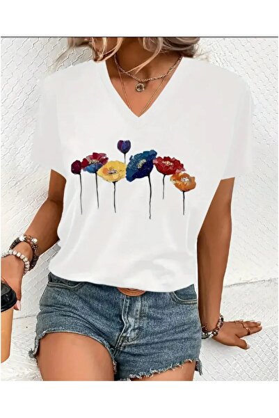 yombaa Printed T-Shirt. Short Sleeve V-Neck Summer & Spring Casual Top, Women...