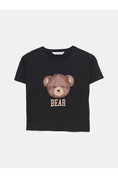 LC Waikiki قميص بيجامة نسائي مطبوع عليه دب تيدي برقبة دائرية