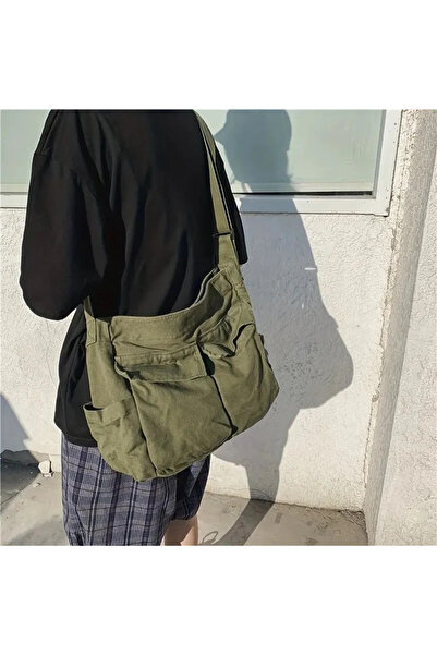 8line Khaki Vintage Unisex Bellows Pocketed Messenger Bag