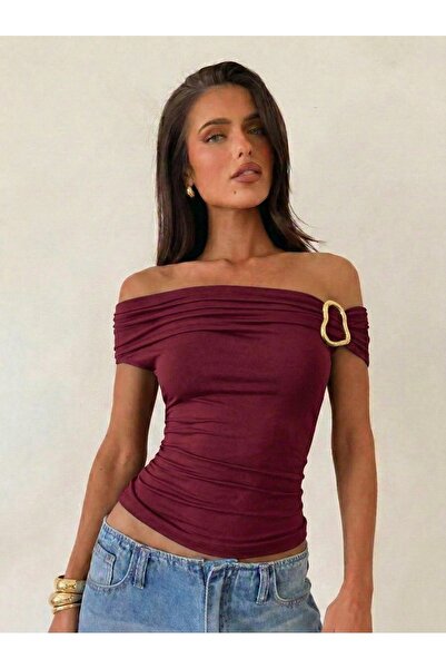 JE-TU fără bretele cu încrețituri elastic Bluză cu accesorii