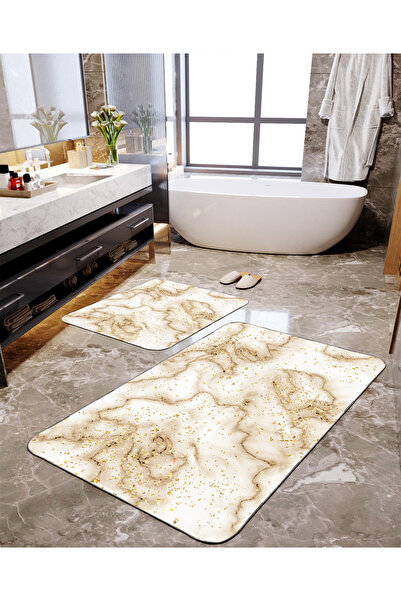 Homiko Gold Marble Patterned 2-Piece Large Size Bath Mat Set Tlhmb-272