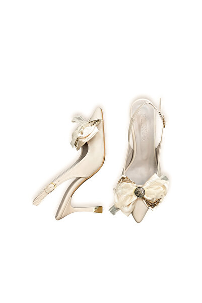 HANZE Kadın Bej Orta Topuk Stiletto Saten Fiyonklu Yeni Sezon F6173