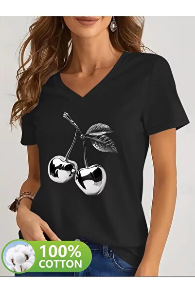 yombaa Printed T-Shirt. Short Sleeve V-Neck Summer & Spring Casual Top, Women...