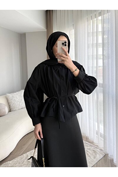 RFK Butik Kadın Omuzu Pileli Etek Üstü Oversize Kısa Gömlek - Siyah