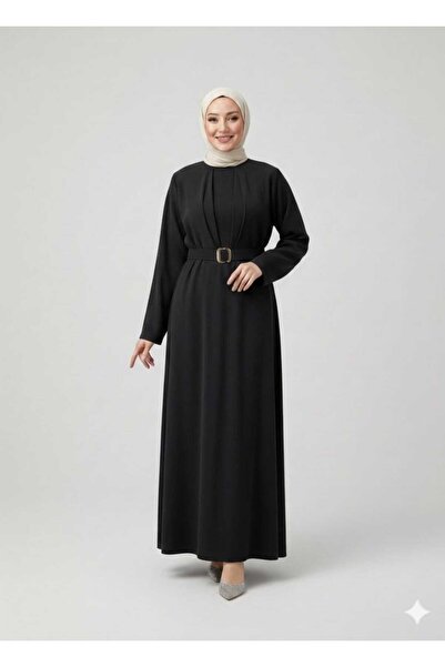 NATURAMED NOSHE KUPRA KUMAŞ KEMERLİ PİLİSELİ TESETTÜR ELBİSE