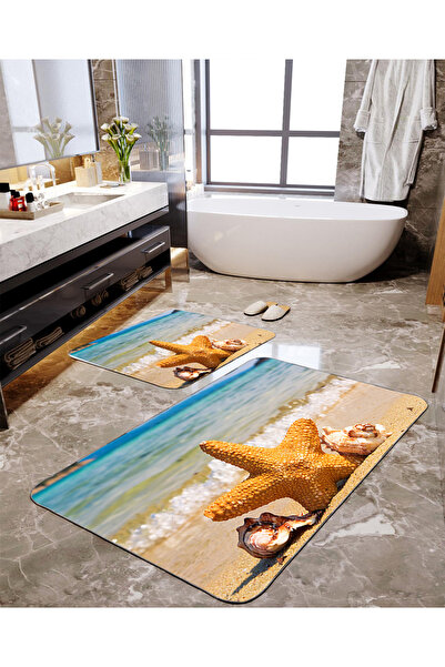 Homiko Sahil Deniz Yıldızı Patterned 2-Piece Large Size Bath Mat Set Tlhmb-271