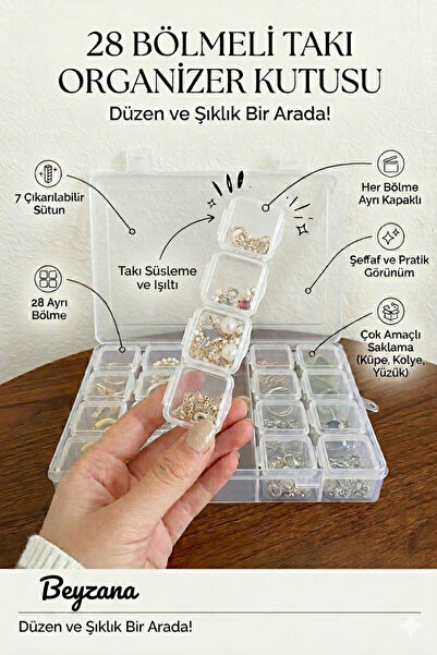 BEYZANA Şeffaf 28 Bölmeli(7x4) Takı Organizeri | Kapaklı Küpe Yüzük Düzenleyi...