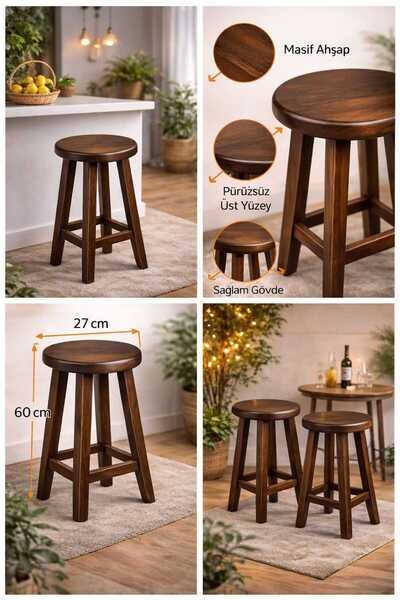 ÇALIK Masif Ahşap Tabure – Doğal Ahşap Sağlam Mutfak & Balkon Taburesi 60cm E...