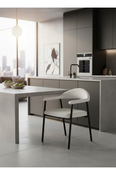 MARIA HOMES Modern White Upholstered Dining Chair with Curved Back & Black Me...