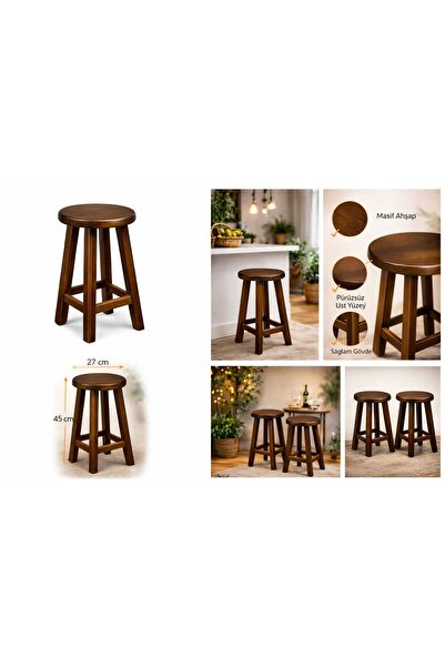 ÇALIK Masif Ahşap Tabure – Doğal Ahşap Sağlam Mutfak & Balkon Taburesi 45cm E...