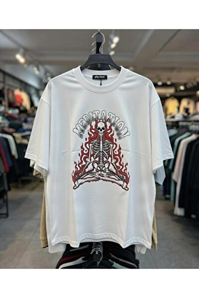 playwear Tricou cu decolteu rotund, imprimat cu scheletul Meditatation, 100% ...