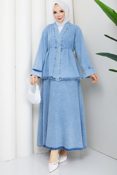 Pamuk Butik Women's Buttoned Skirted Two-Piece Denim Set