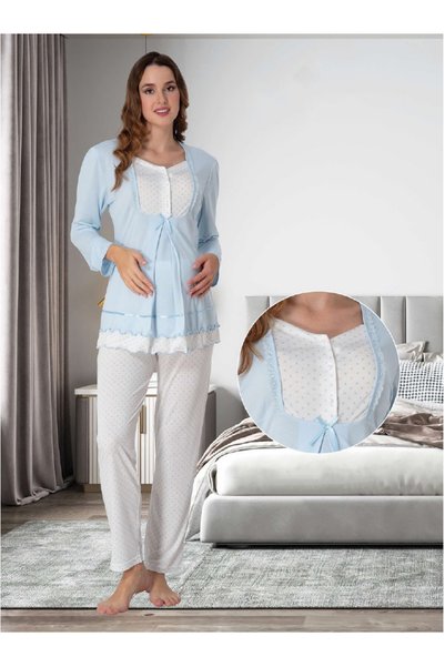 Effortt Dvina Maternity Long Sleeve Pajama Set of Polka Dot - Blue