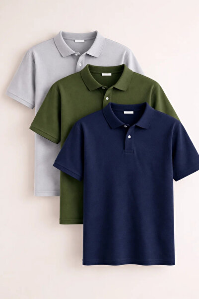 COMBİNE MİCHAİL Ανδρικό κοντομάνικο μπλουζάκι Basic 3 τεμαχίων με λαιμόκοψη πόλο