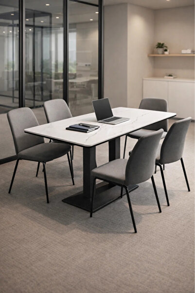 MARIA HOMES Modern Rectangular Dining Table with White Marble-Effect Top & Bl...