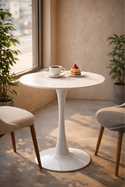 MARIA HOMES Modern Round White Café Table with Tulip Pedestal Base
