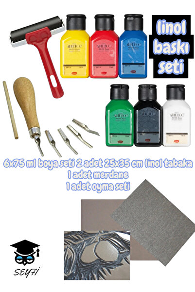SEYFİKİRTASİYE linol baskı seti 6x75 ml boya seti 2 adet 25x35 cm linol tabak...