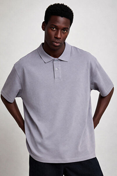 COMBİNE MİCHAİL Ανδρικό κοντομάνικο φαρδύ γκρι μπλουζάκι με λαιμόκοψη πόλο