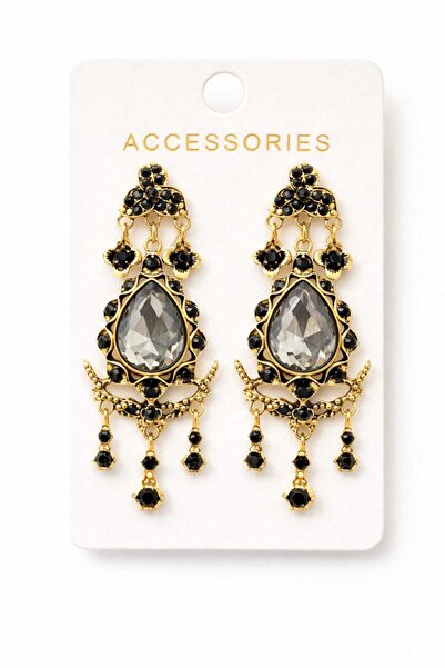 Karşıyaka Bijuteri Black Stone Gold Plated Drop Shaped Dangle Special Design ...