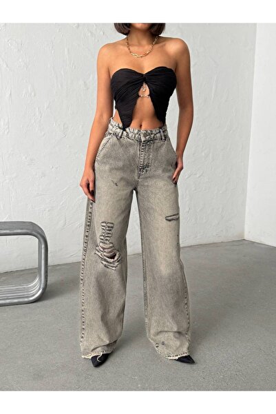 DENİKK Trendy High Waist Special Design Wide Leg Jean Ripped Baggy Palazzo Pants