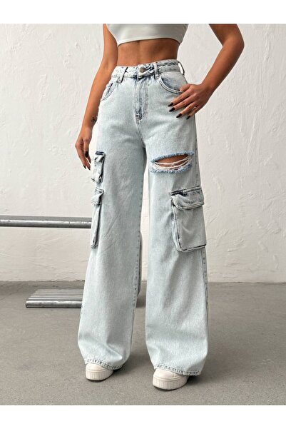 DENİKK Trendy High Waist Special Design Wide Leg Jean Ripped Baggy Palazzo Pants