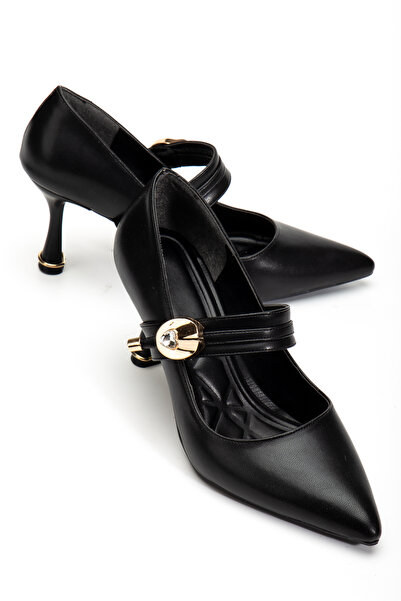 Moda Hanım Women's Black Side Bag Buckle Detail Heeled Shoes