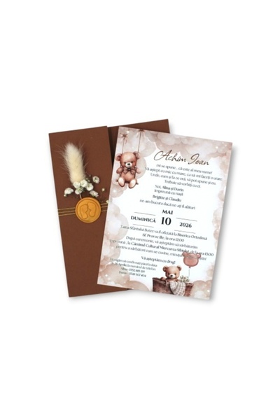 Fabricacucadouri.ro Pachet 50 Invitație botez personalizată cu ursuleț și sig...