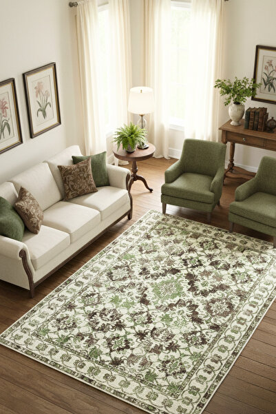The Reef Design Krem Yeşil Vintage Halı Dijital Baskılı Kaymaz Taban Yıkanabi...