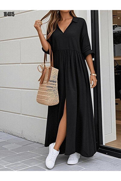 BZ Boutique Truvakar Kollu V Yakalı Yırtmaçlı Büyük Beden Uzun Aerobin Elbise...