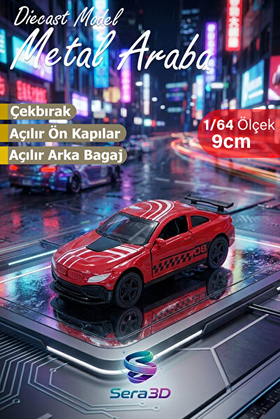 sera3d Diecast 1:64 Çek Bırak - Kırmızı Spor Yarış Arabası Açılır Kapı ve Ark...
