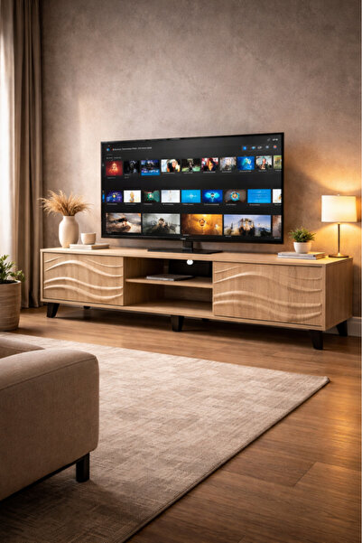 MARIA HOMES حامل تلفزيون عصري بتشطيب خشبي مع ألواح زخرفية مموجة ووحدة تخزين