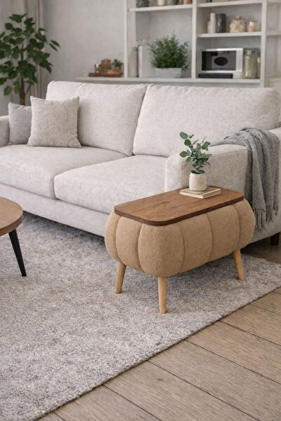 own home Nora Sandıklı Yan Sehpa, Teddy Kumaş Kaplamalı Ahşap Ayaklı Modern Y...