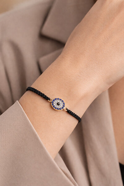 OEM Black Cord Bracelet with Evil Eye Pendant (Nazar), Blue Rhinestones, Adju...