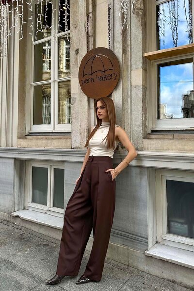 My Loore Brown High Waist Wide-Leg Fabric Trousers – Modern & Elegant Mlb146