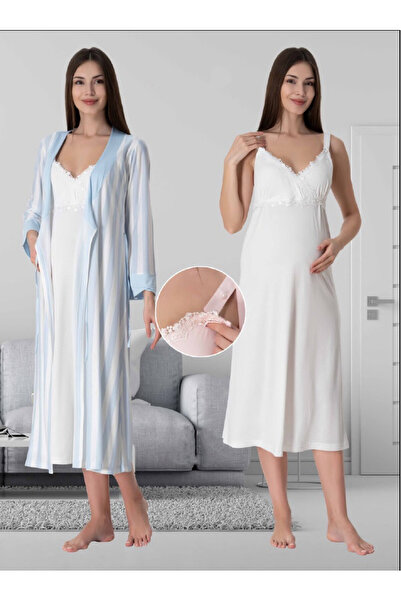 Effortt Dvina Lohusa Hamile Çizgili Sabahlık ve Askılı Gecelik Takımı - 2'li ...