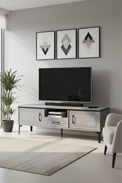 MARIA HOMES طاولة تلفزيون رمادية عصرية مزودة بأدراج ورف مفتوح