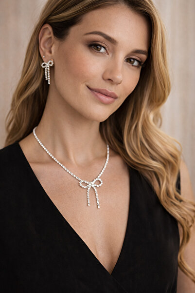 OEM Rhinestone Bow Jewelry Set, Necklace + Dangle Earrings, Silver, Elegant f...