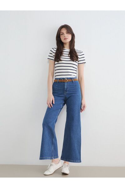 LC Waikiki Wideleg Women's Jeans Trousers with Belt on the Waist