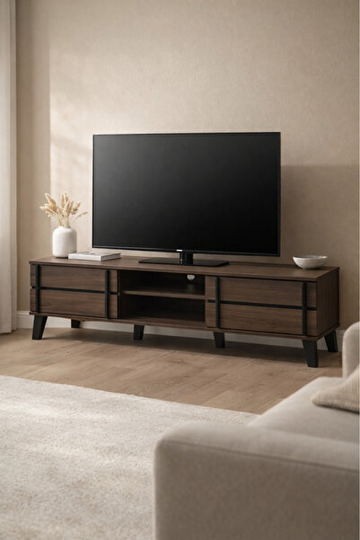 MARIA HOMES حامل تلفزيون بني عصري مزود بخزائن تخزين ورف مفتوح للوسائط